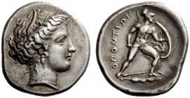 GREEK COINS 
 Locris, Locris Opuntii 
 Stater 340’s BC, AR 12.11 g. Head of Demeter r., hair wreathed with three leaves of wheat, pearl necklace and...