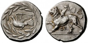 GREEK COINS 
 Sicyonia, Sicyon 
 Stater late 330s, AR 12.21 g. Chimera advancing l., with r. paw raised; above, wreath and beneath, SE. Rev. Dove fl...