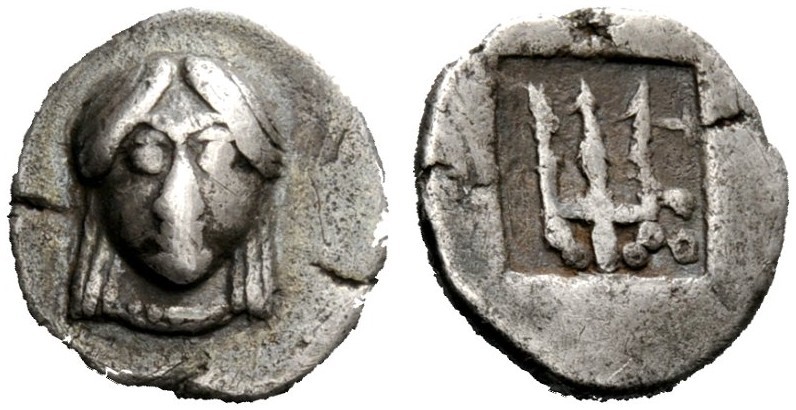 GREEK COINS 
 Argolis, Troizen 
 Pentobol circa 450-425, AR 3.22 g. Archaic he...