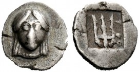 GREEK COINS 
 Argolis, Troizen 
 Pentobol circa 450-425, AR 3.22 g. Archaic head of Athena facing. Rev. TPO Trident upright, all within incuse squar...