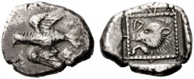 GREEK COINS 
 Lyttos 
 Stater circa 420-400, AR 12.36 g. Eagle flying l. Rev. Forepart of boar l.; above, D. All within dotted frame. Outside frame,...