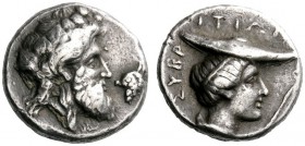 GREEK COINS 
 Sybrita 
 Stater 4th century BC, AR 12.09 g. Bearded head of Dionysus r., wearing wreath of vine leaves; in r. field, bunch of grapes....