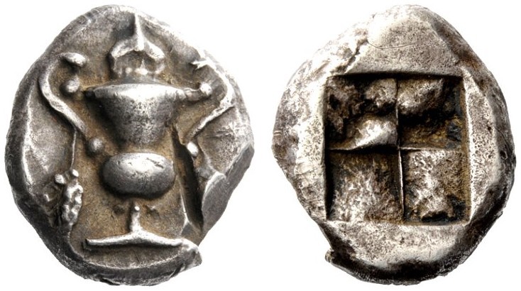 GREEK COINS 
 Cyclades, Naxos 
 Stater circa 520-515-490, AR 11.74 g. Cantharu...