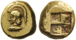 GREEK COINS 
 Mysia, Cyzicus 
 Stater circa 550-475, El 15.99 g. Head of Athena l., wearing crested Attic helmet; beneath, tunny-fish l. Rev. Quadri...