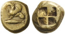 GREEK COINS 
 Mysia, Cyzicus 
 Stater circa 500-450, EL 16.08 g. Griffin seated l., r. forepaw raised; beneath, tunny-fish. Rev. Quadri­partite incu...