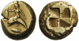 GREEK COINS 
 Mysia, Cyzicus 
 Stater circa 500-450, EL 16.04 g. Dolphin rider l., holding tunny-fish in outstretched r. hand; beneath, tunny-fish l...