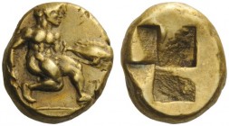 GREEK COINS
Mysia, Cyzicus
Hecte circa 500-450, EL 2.64 g. Naked youth kneeling r., holding tunny fish in r. hand and knife in his r.; below, tunny-...