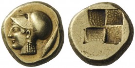 GREEK COINS 
 Mysia, Cyzicus 
 Hecte circa 450, EL 2.64 g. Head of Athena l., wearing Corinthian helmet; behind, tunny fish. Rev. Quadripartite incu...