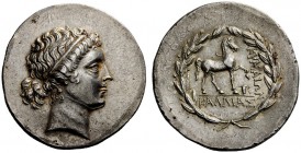GREEK COINS
Aeolis, Cyme
Tetradrachm circa 165-155, AR 16.65 g. Head of the Amazon Cyme r., hair bound with ribbon. Rev. KYMAIΩN Bridled horse stand...
