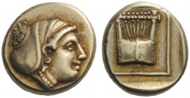 GREEK COINS 
 Lesbos, Mytilene 
 Hecte 412-378, EL 2.53 g. Female head r., wearing saccos. Rev. Cythara within linear frame. SNG von Aulock 1731 (th...