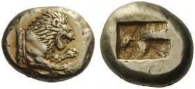 GREEK COINS 
 Asia Minor, uncertain mint 
 Milesian stater circa 500-490, EL 14.03 g. Forepart of lion r.; dotted body truncation. Rev. Rectangular ...