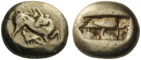 GREEK COINS 
 Asia Minor, uncertain mint 
 Milesian stater circa 500-490, EL 13.96 g. Cow kneeling r., head reverted, suckling calf; above, flower a...