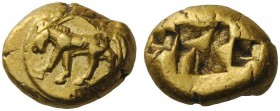 GREEK COINS 
 Asia Minor, uncertain mint 
 Phocaic stater sixth century BC, EL 16.67 g. Donkey advancing l. within raised disk. Rev. Three incuse pu...