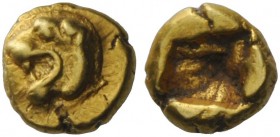 GREEK COINS 
 Asia Minor, uncertain mint 
 Phocaic 1/24 stater sixth century BC, EL 0.69 g. Lion’s head l. with open jaws. Rev. Incuse punch. Traité...