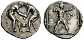 GREEK COINS 
 Pamphylia, Aspendus 
 Stater circa 370-360, AR 11.08 g. Two wrestlers grappling; in lower middle field, astragalus . Rev. [E]STLEGEUS ...
