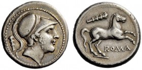 THE ROMAN REPUBLIC 
 Didrachm circa 230-226, AR 6.71 g. Helmeted head of beardless Mars r.; behind, club. Rev. Horse galloping r.; above, club. Below...