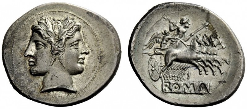 THE ROMAN REPUBLIC 
 Quadrigatus circa 225-214, AR 6.65 g. Laureate Janiform he...
