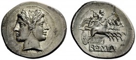 THE ROMAN REPUBLIC 
 Quadrigatus circa 225-214, AR 6.65 g. Laureate Janiform head of Dioscuri. Rev. Jupiter, holding sceptre and hurling thunderbolt,...