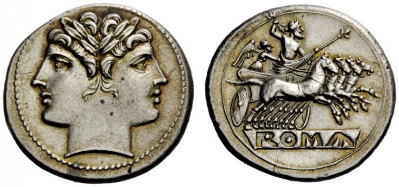 THE ROMAN REPUBLIC 
 Quadrigatus circa 225-214, AR 6.44 g. Laureate Janiform he...