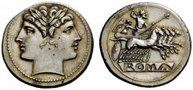 THE ROMAN REPUBLIC 
 Quadrigatus circa 225-214, AR 6.44 g. Laureate Janiform head of Dioscuri. Rev. Jupiter, holding sceptre and hurling thunderbolt,...