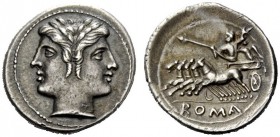 THE ROMAN REPUBLIC 
 Half-quadrigatus or drachm circa 225-212, AR 3.33 g. Laureate Janiform head of Dioscuri. Rev. Jupiter in quadriga driven l. by V...