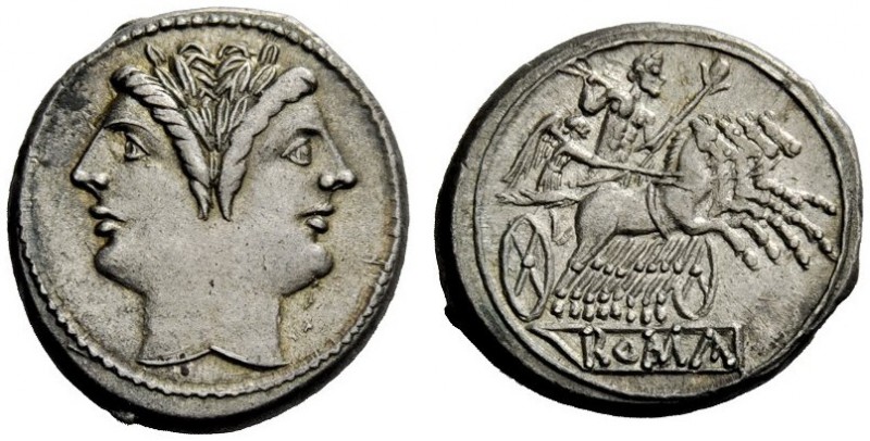 THE ROMAN REPUBLIC 
 Quadrigratus, uncertain mint circa 225-214, AR 6.17 g. Lau...