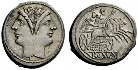 THE ROMAN REPUBLIC 
 Quadrigratus, uncertain mint circa 225-214, AR 6.17 g. Laureate Janiform head of Dioscuri. Rev. Jupiter, holding sceptre and hur...