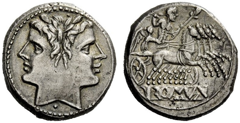 THE ROMAN REPUBLIC 
 Quadrigatus circa 225-212, AR 6.76 g. Laureate Janiform he...