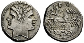 THE ROMAN REPUBLIC 
 Quadrigatus circa 225-212, AR 6.76 g. Laureate Janiform head of Dioscuri; below, dot. Rev. Jupiter, hurling thunderbolt and hold...