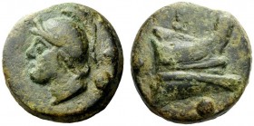 THE ROMAN REPUBLIC 
 Uncia circa 225-217, Æ 21.24 g. Helmeted head of Roma l; behind, pellet. Rev. Prow r.; below, pellet. Haeberlin pl. 18, 27. Aes ...