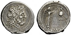 THE ROMAN REPUBLIC 
 Victoriatus from 211, AR 3.22 g. Laureate head of Jupiter r. Rev. Victory r., crowning trophy; in exergue, ROMA. Sydenham 230. R...