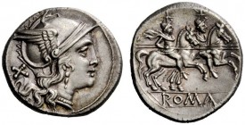 THE ROMAN REPUBLIC 
 Denarius after 211, AR 3.97 g. Helmeted head of Roma r.; behind, X. Rev. The Dioscuri galloping r.; in exergue, ROMA. Sydenham 2...