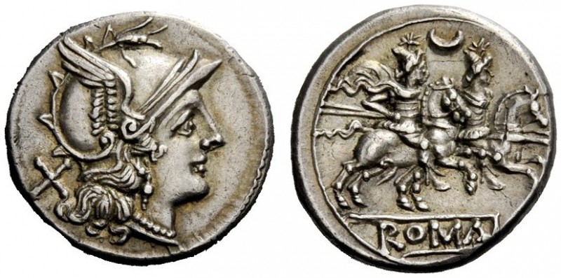 THE ROMAN REPUBLIC 
 Denarius circa 207, AR 4.46 g. Helmeted head of Roma r.; b...