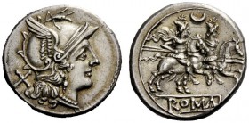 THE ROMAN REPUBLIC 
 Denarius circa 207, AR 4.46 g. Helmeted head of Roma r.; behind, X. Rev. The Dioscuri galloping r.; above, crescent and below, R...