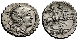THE ROMAN REPUBLIC 
 Denarius serratus, Sicily (?) circa 209-208, AR 4.45 g. Helmeted head of Roma r.; behind, X. Rev. The Dioscuri galloping r.; bel...