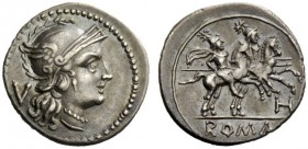 THE ROMAN REPUBLIC 
 Quinarius, South East Italy circa 211-210, AR 2.15 g. Helmeted head of Roma r.; behind, V. Rev. The Dioscuri galloping r.; below...