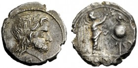 THE ROMAN REPUBLIC 
 Victoriatus, Campania (?) circa 211-208, AR 3.86 g. Laureate head of Jupiter r.; below head, И. Rev. Victory crowning trophy; in...