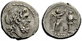 THE ROMAN REPUBLIC 
 Victoriatus, Luceria circa 214-212, AR 3.75 g. Laureate head of Jupiter r. Rev. Victory crowning trophy; in lower field, L and i...