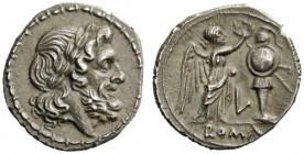 THE ROMAN REPUBLIC 
 Victoriatus, Luceria circa 214-212, AR 2.83 g. Laureate head of Jupiter r. Rev. Victory crowning trophy; in lower field, L and i...
