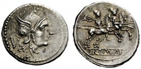 THE ROMAN REPUBLIC 
 Quinarius, Luceria 214-212, AR 2.06 g. Head of Roma r., wearing Phrygian helmet; behind, V and below, L. Rev. The Dioscuri gallo...