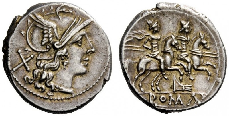THE ROMAN REPUBLIC 
 Denarius circa 206-195, AR 4.12 g. Helmeted head of Roma r...