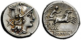 THE ROMAN REPUBLIC
Denarius 157-156, AR 4.17 g. Helmeted head of Roma r.; behind X. Rev. Victory in prancing biga r.; below, ROMA in partial tablet. ...
