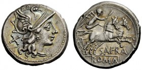 THE ROMAN REPUBLIC 
 S. Afranius. Denarius 150, AR 4.12 g. Helmeted head of Roma r.; behind, X. Rev. Victory in prancing biga r.; below, SAFRA and RO...
