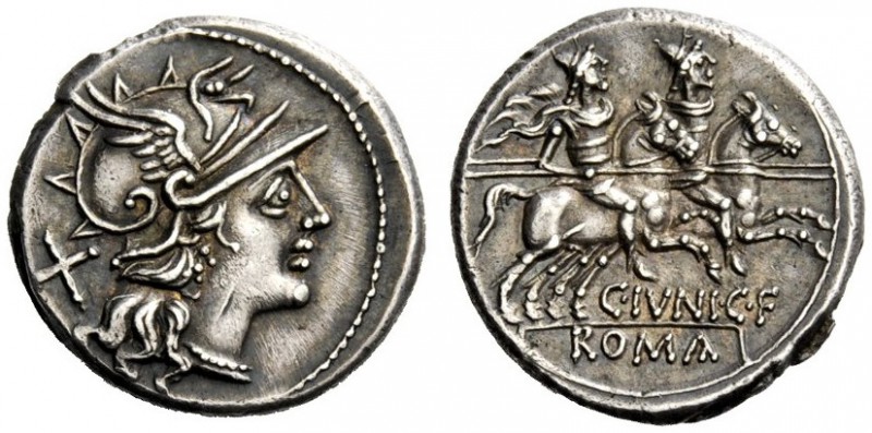 THE ROMAN REPUBLIC 
 C. Iunius C.f. Denarius 149, AR 3.87 g. Helmeted head of R...