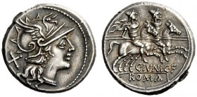 THE ROMAN REPUBLIC 
 C. Iunius C.f. Denarius 149, AR 3.87 g. Helmeted head of Roma r., behind, X. Rev. The Dioscuri galloping r.; below horses, C·IVN...