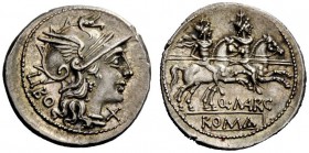 THE ROMAN REPUBLIC 
 Q. Marcius Libo. Denarius 148, AR 3.69 g. Helmeted head of Roma r., behind, LIBO and below chin, X. Rev. The Dioscuri galloping ...