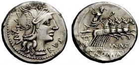 THE ROMAN REPUBLIC 
 M. Aufidius Rusticus. Denarius 140, AR 3.48 g. Helmeted head of Roma r.; behind, XVI (downwards) and below chin, RVS. Rev. Jupit...