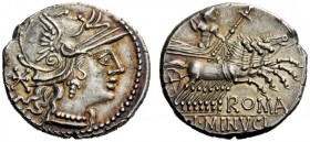 THE ROMAN REPUBLIC 
 L. Minucius. Denarius 133, AR 3.93 g. Helmeted head of Roma r.; behind, Ú. Rev. Jupiter in prancing quadriga r., hurling thunder...