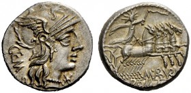 THE ROMAN REPUBLIC 
 M. Aburi M.f. Gem. Denarius 132, AR 4.05 g. Helmeted head of Roma r.; below chin, Ú and behind, GEM. Rev. Sol in quadriga r., ho...