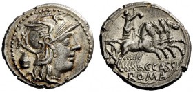 THE ROMAN REPUBLIC 
 C. Cassius Longinus. Denarius 126, AR 3.93 g. Helmeted head of Roma r.; behind, Ú / voting-urn. Rev. Libertas in quadriga r., ho...